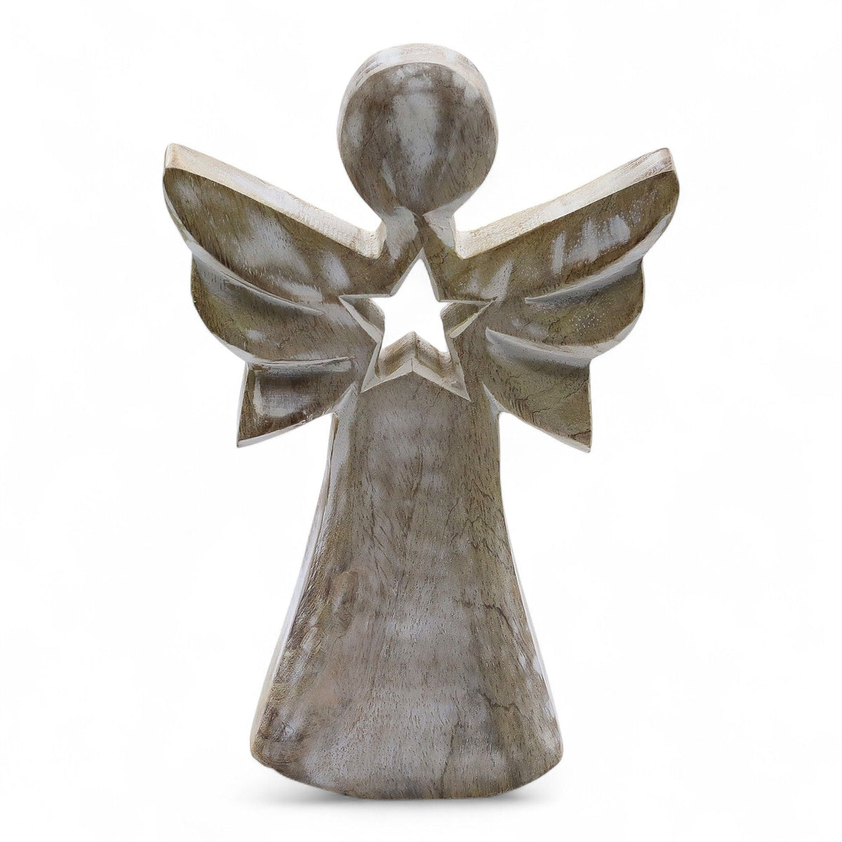 Ange en bois de manguier - blanchi avec découpe en étoile