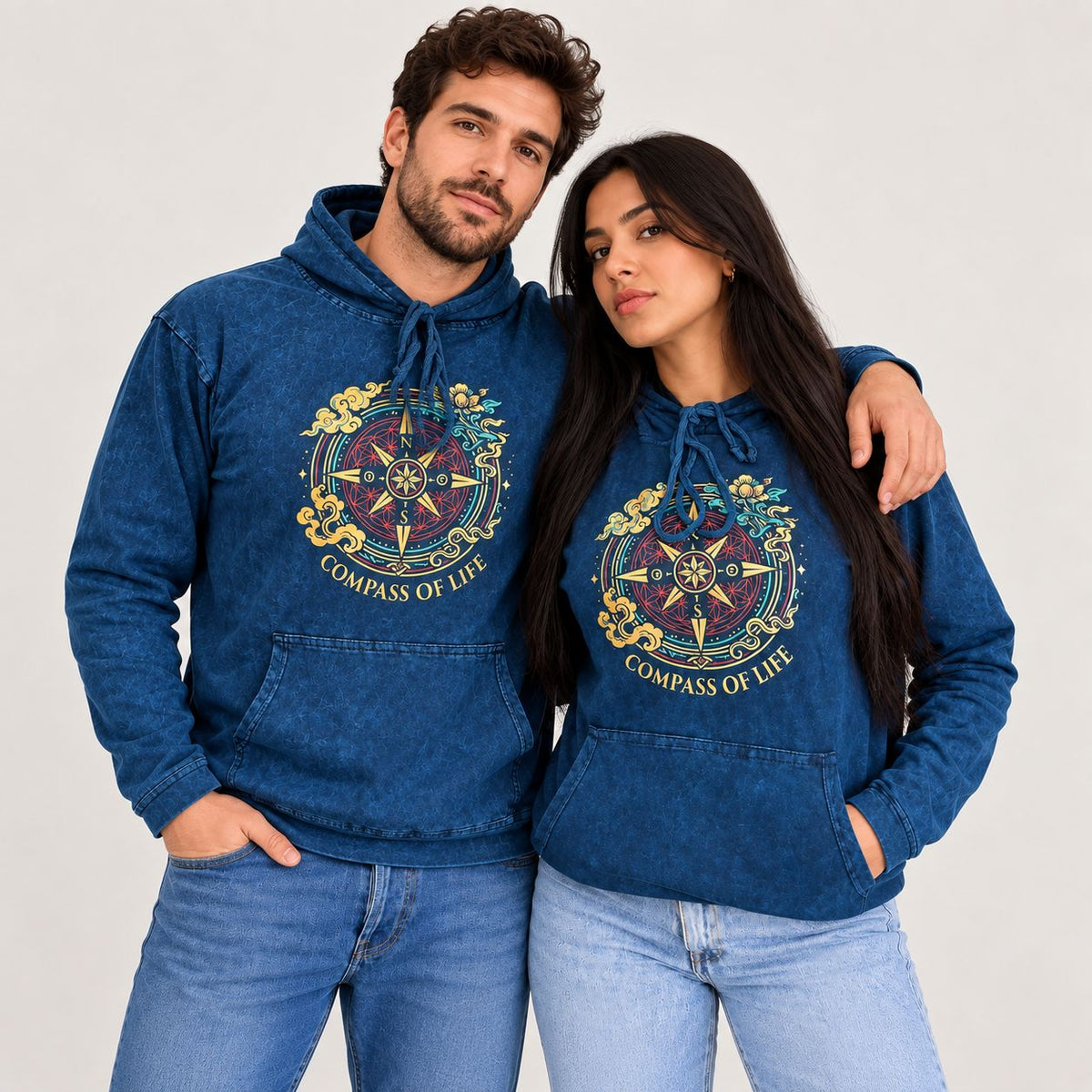 Camisa con capucha extragrande lavada a la piedra con bolsillo canguro - Brújula de la vida azul
