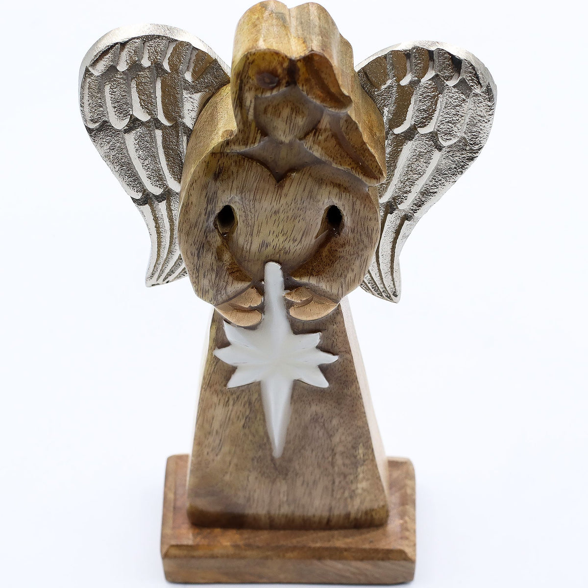 Gran Ángel de la Paz de Madera de Mango, Alas de Metal y Detalle de Esmalte